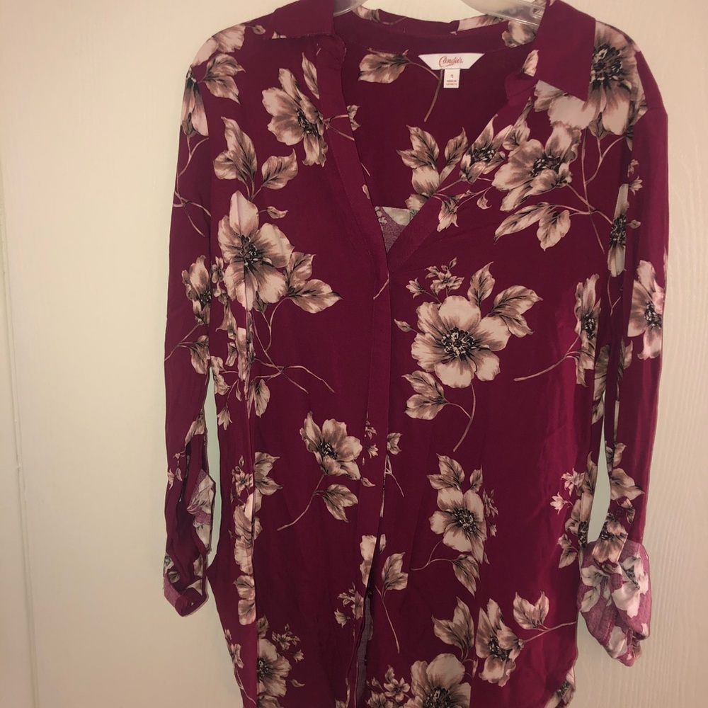 red, flowered blouse